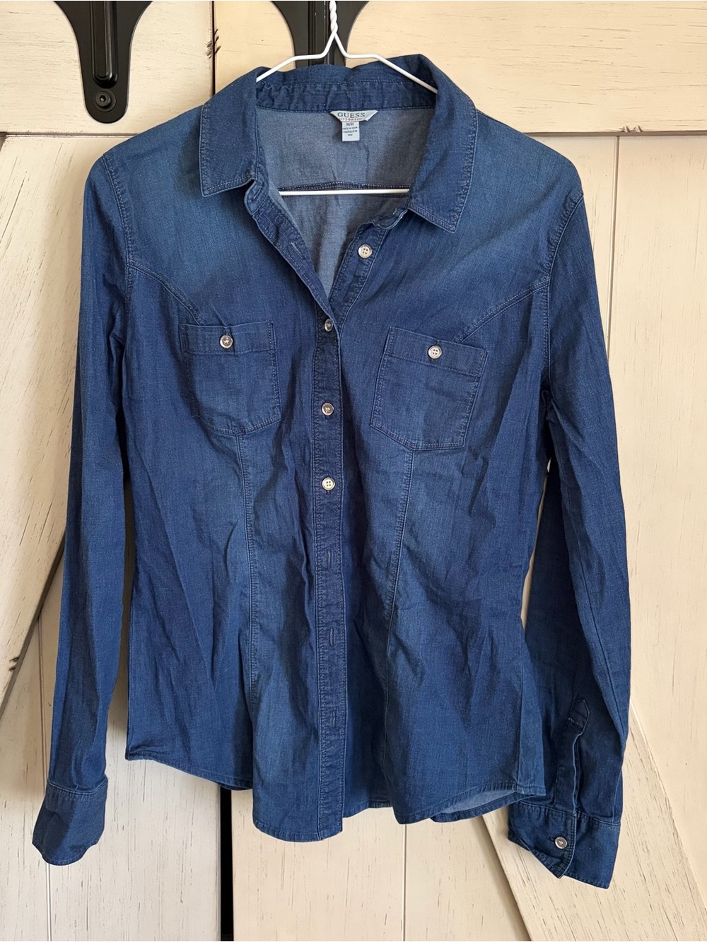 Guess Dark Blue Denim Button-Down Shirt Size Medium